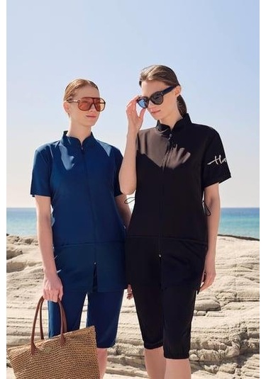 Haşema 2843 Siyah Vizara File Cep Detaylı Kısa Kol Fermuarlı Havuz Mayo Çok Renkli