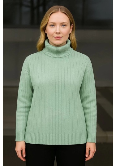 Kadın Balıkcı Yaka Bağazlı Triko Kazak Pamuklu Kalın Fitilli Dokuma - Mint Yeşili Mint Yeşili