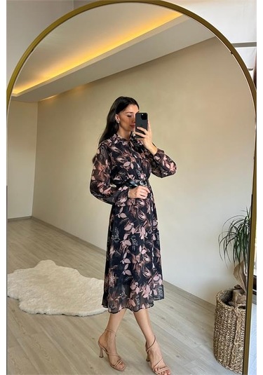 Neşeli Butik Kadın Desenli Gömlek Yaka Midi Elbise Nm011 Siyah