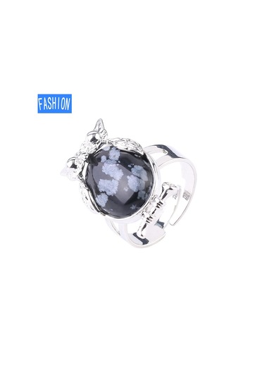 Siyah Akik Metal Baykuş Dışbükey Doğal Kristal Kakma Ayarlanabilir Yüzük Çok Renkli