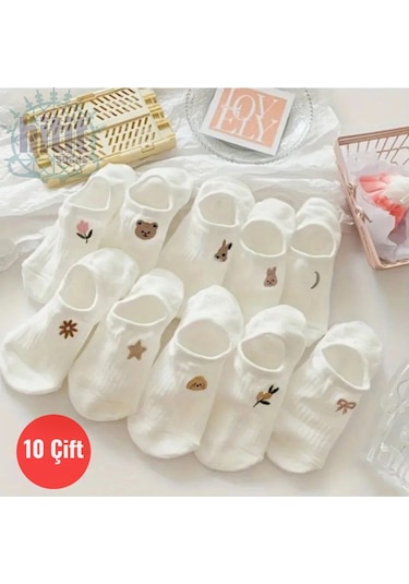 Kadın 10 Çift Premium Çiçek Ve Hayvan Desenli Görünmez Babet Çorap Şeker Beyazı ASORTİ