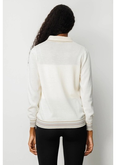 Desen Triko Polo Yaka Simli Çizgili Kadın Yün Bluz 25080d Ekru