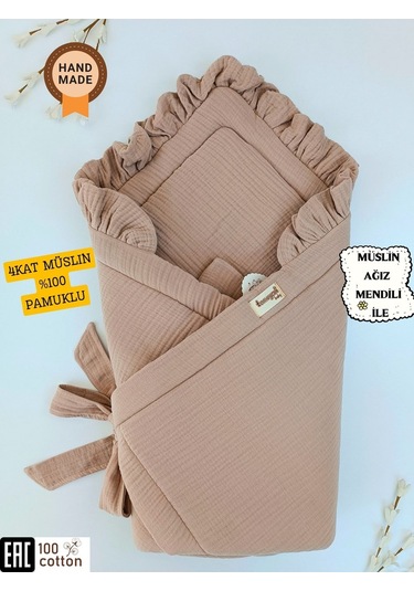 Ekru 4 Kat Müslin Bebek Battaniyesi %100 Pamuklu Doğal Organik Uyku Kundağı Hastane Çıkışı Yenidoğan Sütlü Kahve