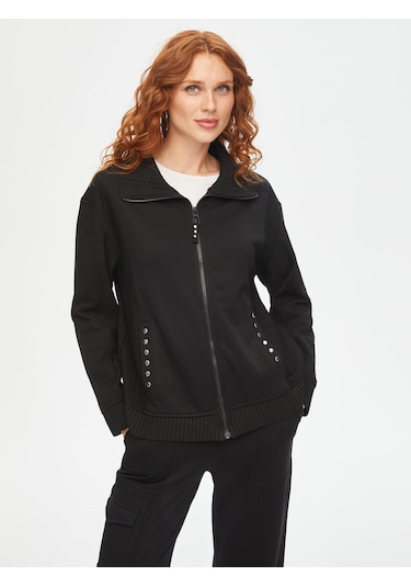 Kendinden Jakarlı Garnili Trok Taş Detaylı Eşofman Üst 69266 U6926610 Siyah