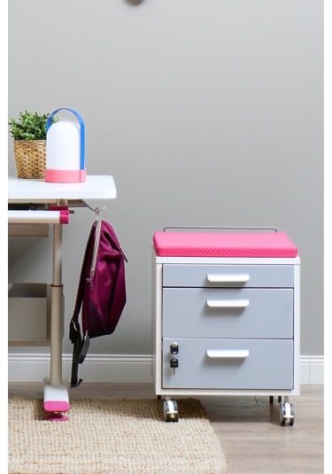 Creo Mobili Çekmeceli Kilitli Tekerlekli Vega Keson, Oturulabilir Ofis Ve Ev Komodini, Beyaz/fuşya