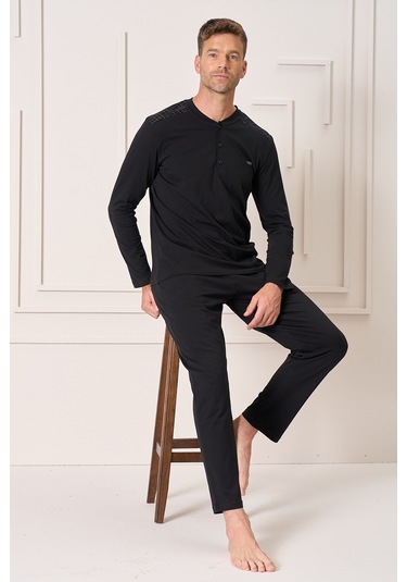 Erkek Pamuk Uzun Kol Pijama Takımı 4102 Siyah Siyah