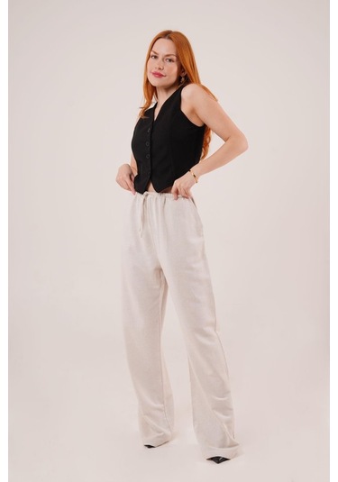 Modaserdem Cepli Bağlama Detaylı Keten Ekru Pantolon Ekru