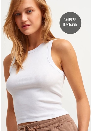 Mea Capio Kadın Beyaz Fitilli Halter Yaka Örme Atlet Beyaz