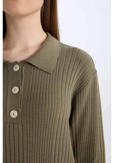 DeFacto Regular Fit Polo Yaka Basic Düz Maxi Triko Elbise D5434AX24WNKH507