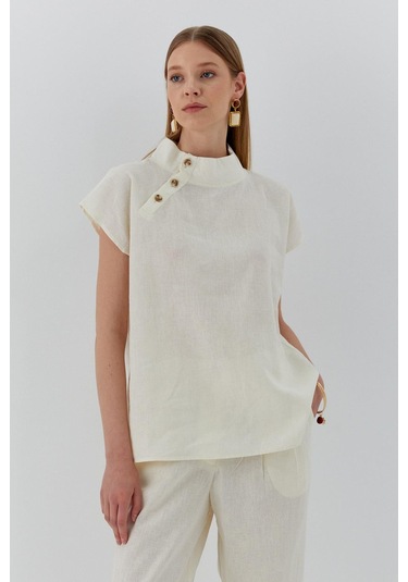 Düğme Detaylı Keten Takım Ekru Ekru