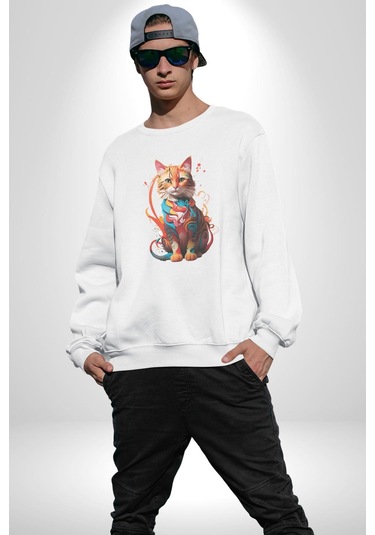 Renkli Yağlı Boya Kedi Unisex Beyaz Baskılı Sweatshirt Beyaz