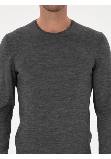 Cacharel Füme Slim Fit Yün Karışımlı Bisiklet Yaka Basic Triko Kazak Gri