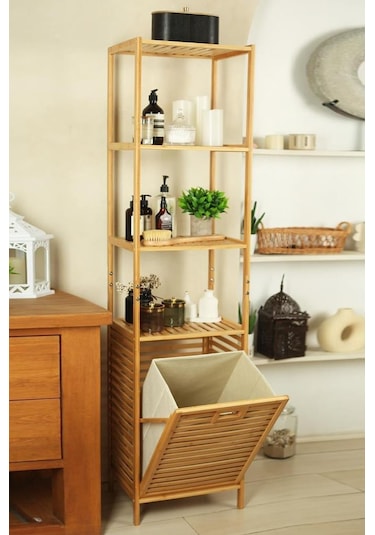 Digithome Bambu Kirli Sepetli 4 Raflı Çok Amaçlı Banyo Düzenleyici Çamaşır Sepeti Organizer Db-0009 Ahşap