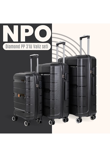 Npo Diamond Pp Polipropilen Kabin, Orta Ve Büyük Boy 3'lü Kırılmaz Valiz Seti-siyah Siyah