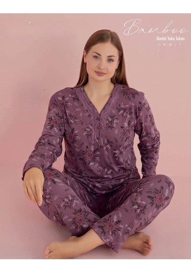 Pijamerry Kadın Büyük Beden Dantel Yaka Bambu Uzun Kol Pijama Takımı 5072 - 1 Adet 001