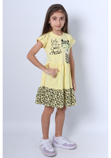 Kız Çocuk Elbise Fırfırlı Kedicik Baskılı C13 Sarı