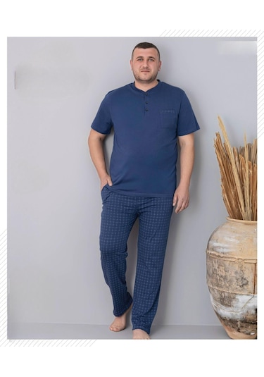 Pijamoni Erkek Battal Düğme Yaka Penye Kısa Kol Pijama Takımı 6730/1 - 1 Adet Mavi