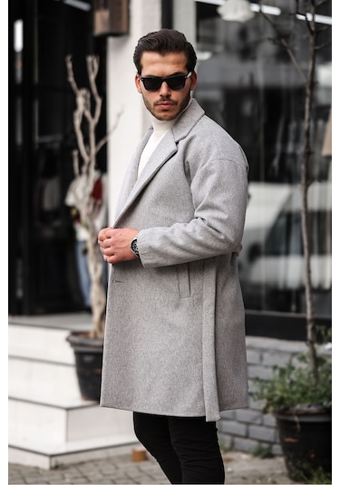 Mero Life Erkek Açık Gri Kemerli Oversize Rahat Kesim Kaşe Kaban Açık Gri