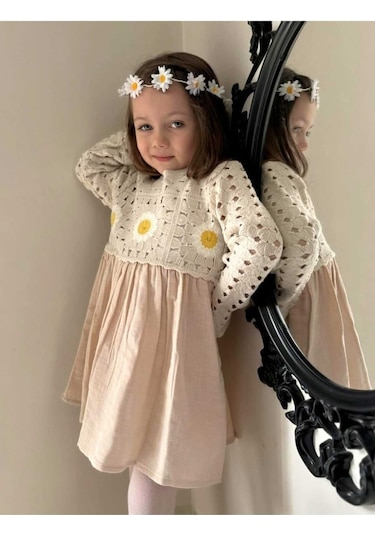 Kız Çocuk Çiçek Desenli Kroşe Müslin Pamuklu Prenses Hediye Doğum Günü Şık Elbise Bej