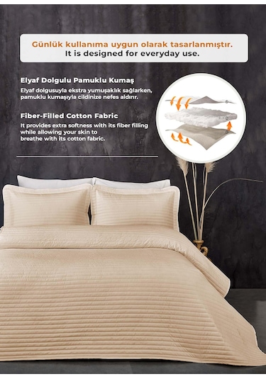 Evlen Home %100 Pamuk Yatak Örtüsü Pike Takımı Tek Kişilik Judy Yatay Çizgili Kapitone Bej Bej