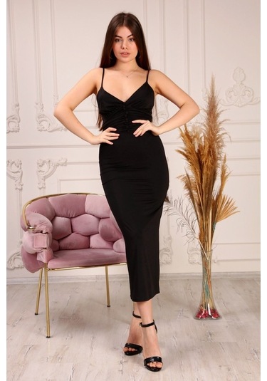 Aymeravm - Ip Askılı Önü Düğmeli Büzgülü Kadın Elbise - Knz14... (546711886)