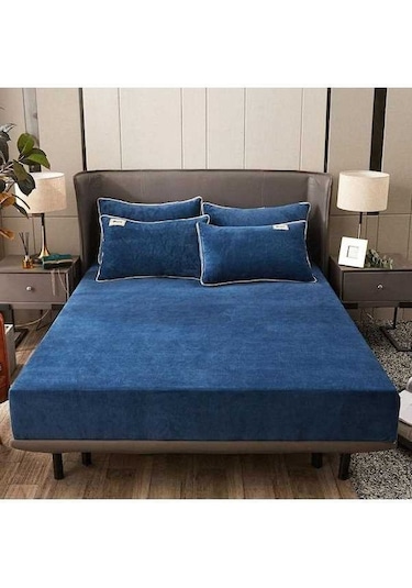 Novahub Kadife Kraliçe Yatak Örtüsü - Kış Çarşaf Koruyucu Kaymaz İkiz Yastık Kılıfı Seti - Mavi Kadife - El Ve Makine Yıkama Uygun Mavi