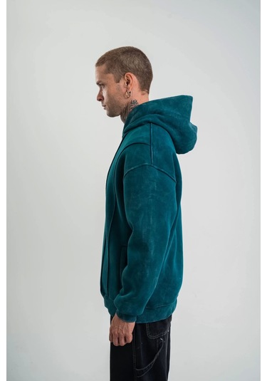 Unisex Uzun Kol Kapşonlu Yıkamalı Nakışlı Sweatshirt - Koyu Deniz Yeşili Koyu Deniz Yeşili