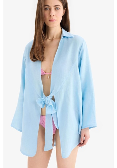 DeFacto Müslin Önden Bağlamalı Plaj Gömleği-Fall in Love B7333AX25SMBE509 Mavi