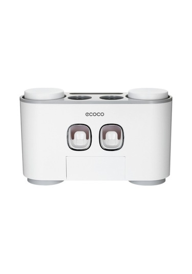 Pazly Ecoco Otomatik Sıkmalı Diş Macunu Seti - 2 Dispenser, 4 Bardak, 5 Fırça, Duvara Monte, Gri Beyaz