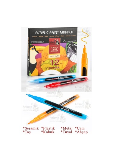 12 Renk Akrilik Markör Keçeli Kalem 1 Adet 12 Li Acrylic Paint Marker Taş Cam Metal Seramik Plastik Tuval Ahşap 0.5 Cm
