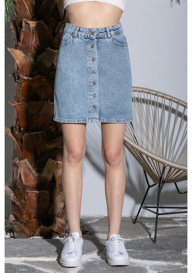 Önü Düğmeli Mavi Kot Etek
