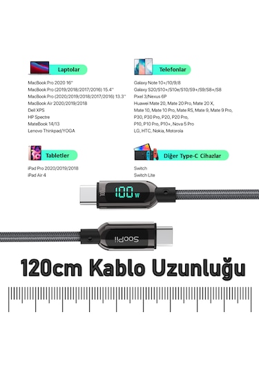 SooPii S10CC PD 100W Led Ekranlı Type-C to Type-C Data Şarj Kablosu