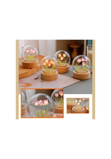 Shineyee Purple Tulip Mini Led Night Light - Dıy Wooden Glass Flower Shape, Soft Lighting, Bedroom Decoration, Creative Gift Set With Built-in Battery Mor