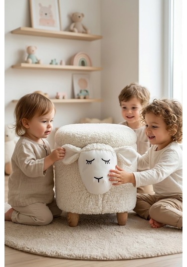 Argimo Mellow Kuzu Figürlü Bebek Çocuk Odası Sandıklı Puf Beyaz