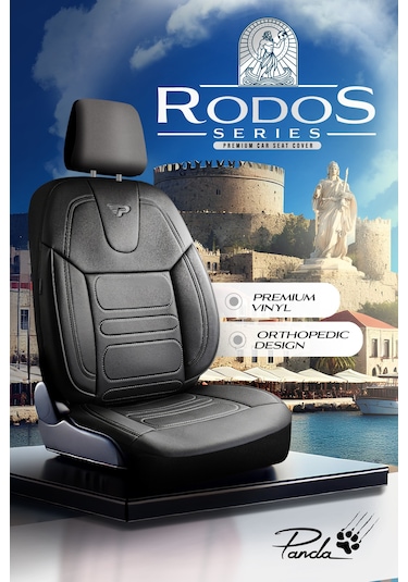 Siyah - Gri Panda Rodos Serisi Deri Ortopedik Oto Koltuk Kılıfı - Tam Set
