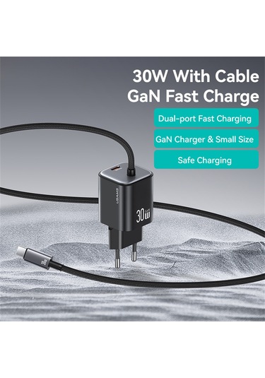 Usams Cc264 Gan Hızlı Şarj Cihazı Bloğu 30w Çift Bağlantı Noktalı Duvar Şarj Cihazı, C Tipi Kablo , Ab Tak Siyah