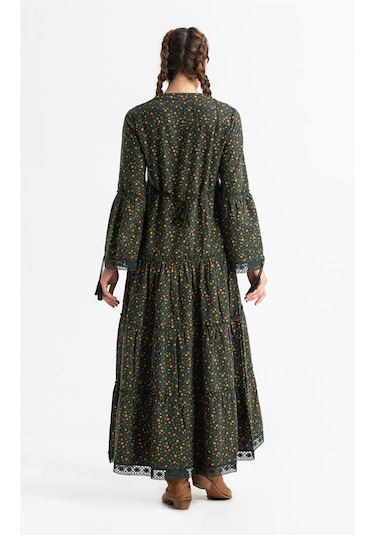 Uzun Kol Seçil Pazen Uzun Elbise Çıtır Desen Haki Hk