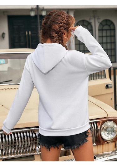 Kadın Kalp Çizgi Baskılı Oversize Beyaz Kapşonlu Sweatshirt Beyaz