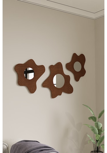 Lüks 3 Parçalı Pleksi Aynalı Ahşap Duvar Dekoru Krem