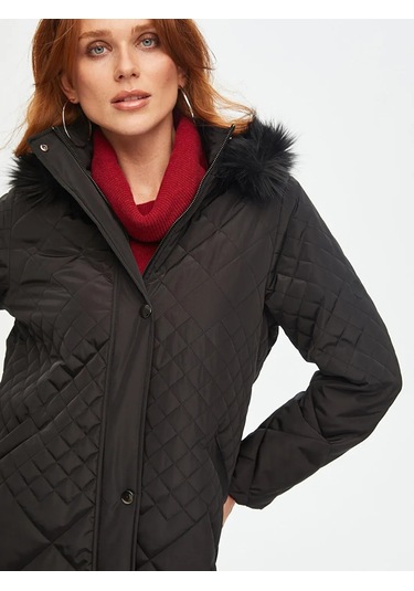 Faik Sönmez Kürk Kapüşonlu Kapitone Kadın Kaban B00041 Siyah