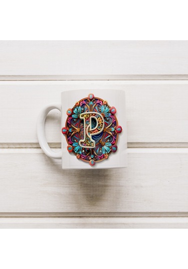 P Harfi Boho Bardak, Renkli Özel Tasarım Hediyelik Harfli Kupa, 330ml Porselen Beyaz