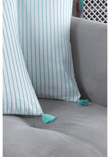 Maisonart Pompoms 2'li Dekoratif Kırlent Kılıfı Yastık Kılıfı %100 Pamuklu 44x44 Cm Mint