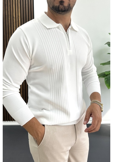 Erkek Çizgi Desenli Normal Kalıp Kazak Beyaz Edw422 Beyaz