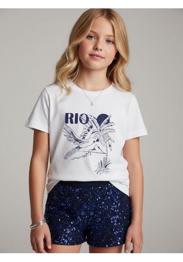 Zekids Kız Çocuk Rio Baskılı Basic T-shirt-16971 Ekru