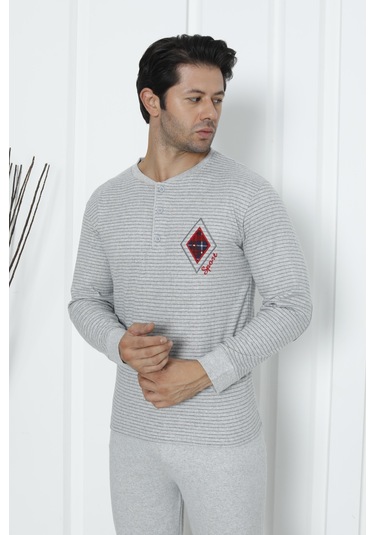 Falkom 5006 İnterlok Kalın Kışlık Çizgili Erkek Ev Pijama Takımı Gri