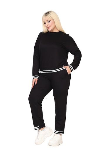Melsay Butik Siyah Bisiklet Yaka Yakası Şerit Detaylı Eşofman Takımı Siyah