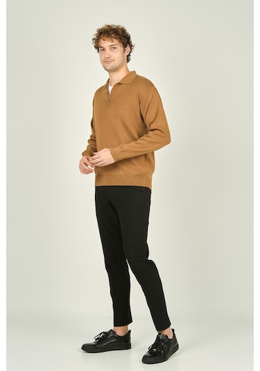 Ateş Triko Erkek Polo Yaka Düğmeli Yün Kazak 6091023 Camel Camel