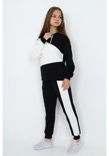 Kız Çocuk %100 Pamuk Garnili Kapüşonlu Uzun Kol Alt&üst Eşofman Takım-eşt-0018 Siyah