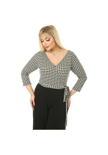 Melsay Butik Kruvaze Yaka Kazayağı Desen Büyük Beden Kadın Tulum