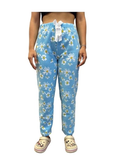 Kadın Desenli Yumuşak Polar Kışlık Pijama Eşofman Tek Alt Mavi